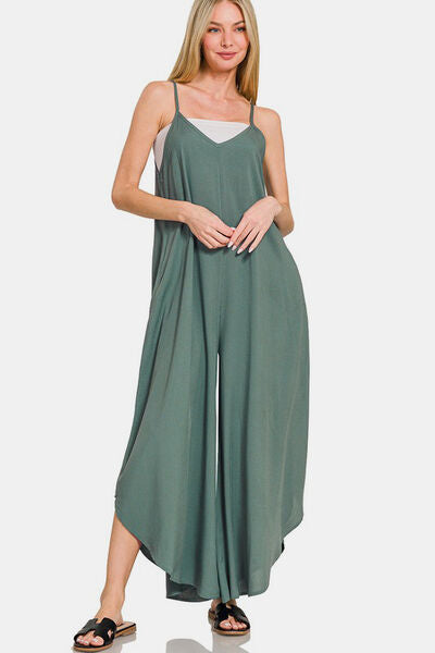 Zenana Sleeveless Curved Hem Wide Leg Overalls with Pockets Ash Jade