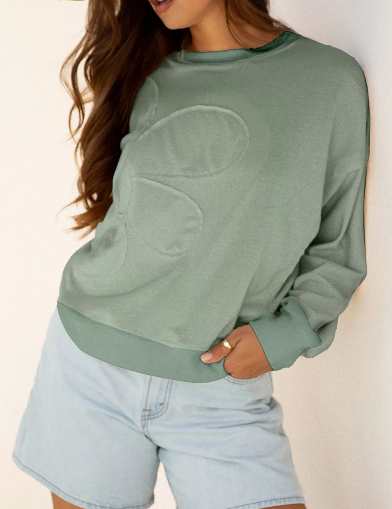 Matcha Green Flower Patch Drop Shoulder Sweatshirt | Tops Daverri Fashions