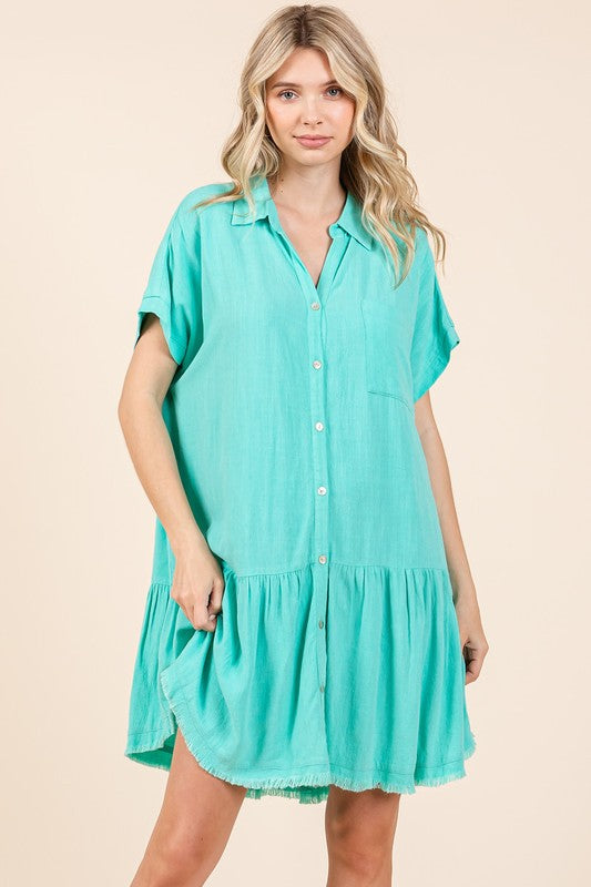 Mittoshop Linen Blend Button Down Shirt Mini Dress Mini Dresses