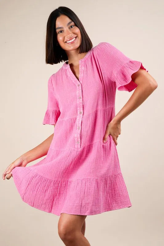 VERY J Plus Size Mineral Washed Woven Mini Dress Pink Mini Dresses