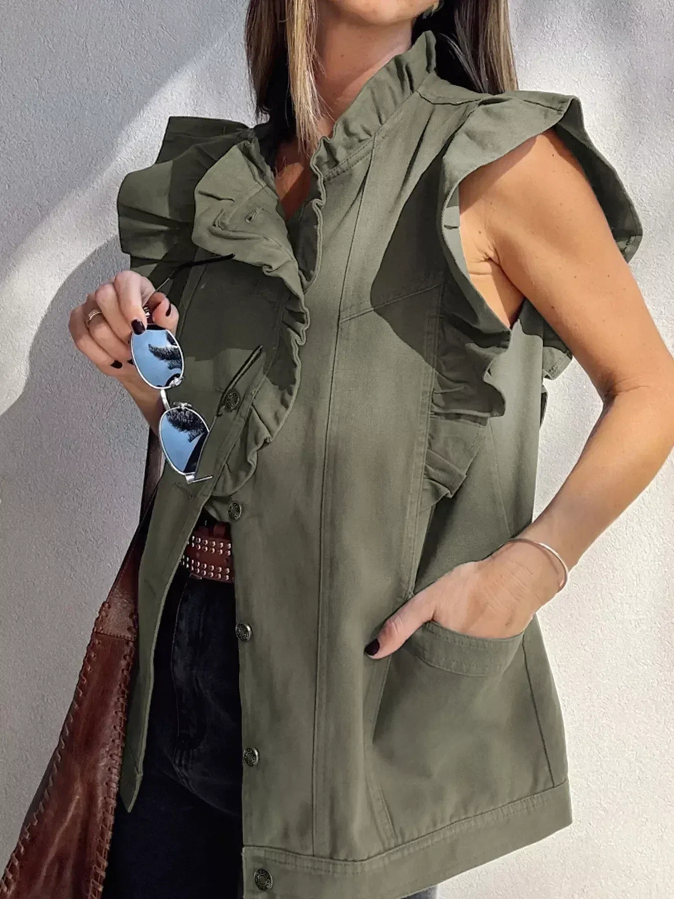 Ruffled Patchwork Denim Jacket Vest - DAVERRI FASHIONS