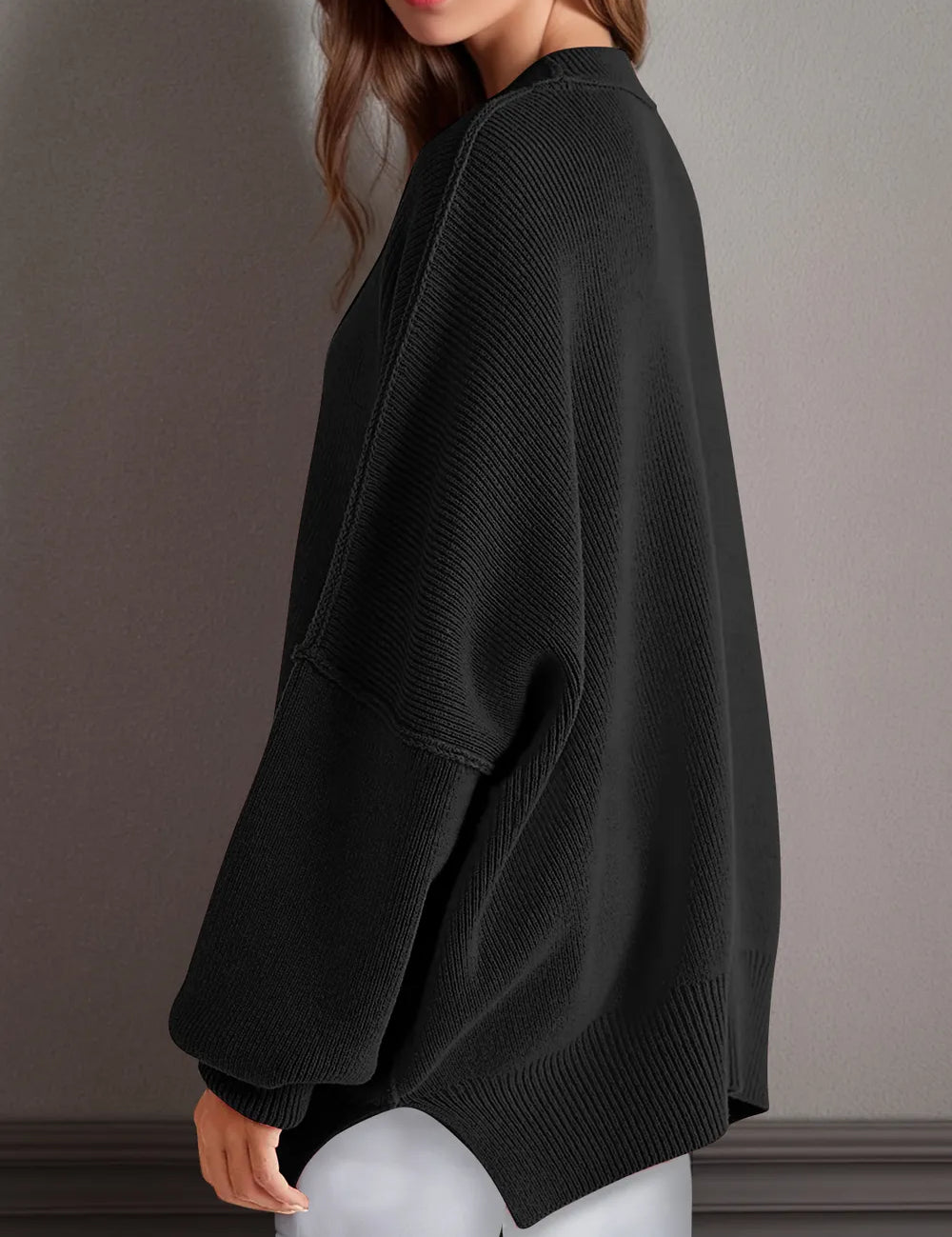 Side Slit Round Neck Long Sleeve Sweater | Sweaters Daverri Fashions