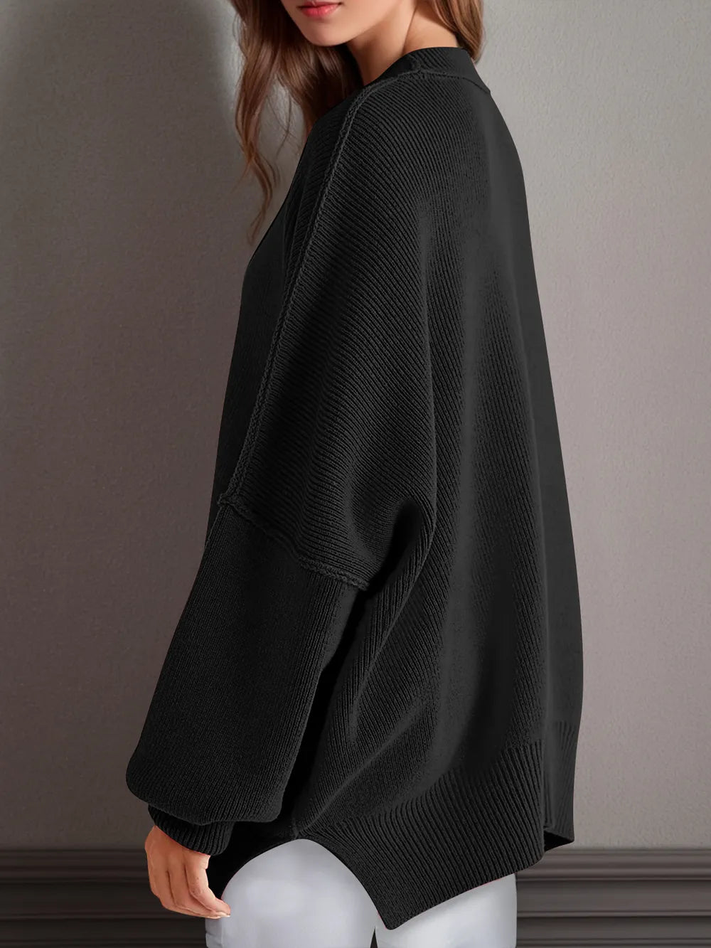 Side Slit Round Neck Long Sleeve Sweater | Sweaters Daverri Fashions