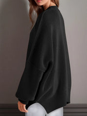 Side Slit Round Neck Long Sleeve Sweater | Sweaters Daverri Fashions