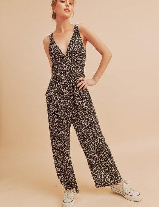 Black Aemi + Co Ditsy Floral Surplice Sleeveless Wide Leg Jumpsuit | Jumpsuits Daverri Fashions
