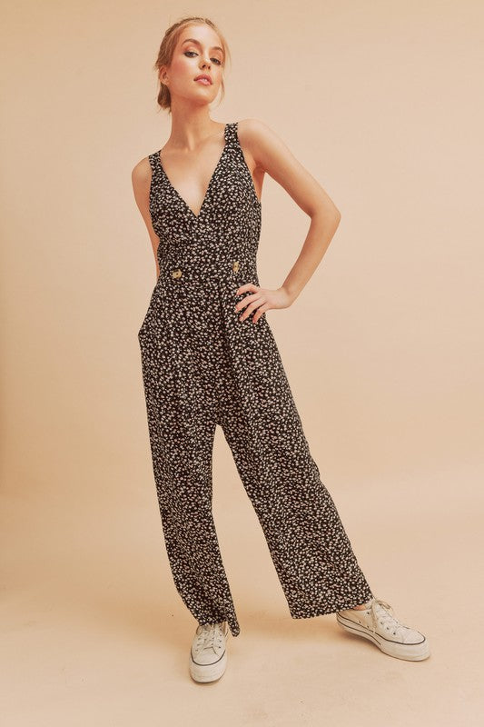 Aemi + Co Ditsy Floral Surplice Sleeveless Wide Leg Jumpsuit Black Jumpsuits