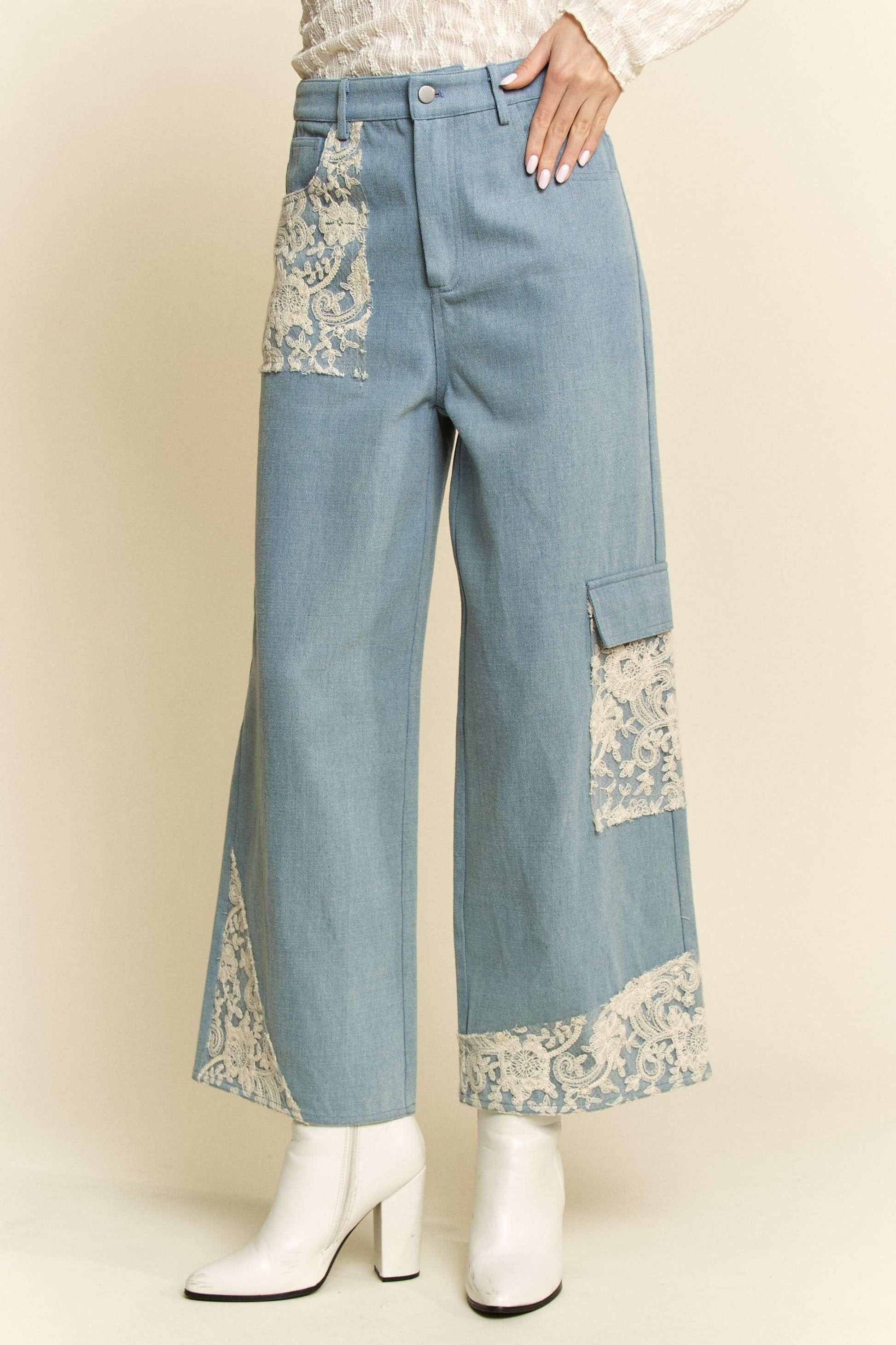 Davi & Dani Lace Applique Wide Leg Jeans - DAVERRI FASHIONS
