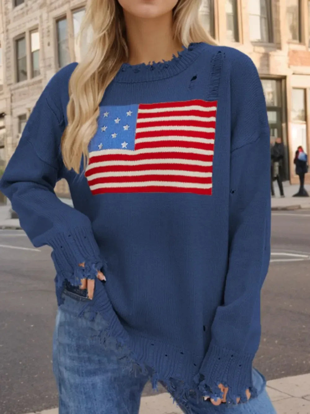 US Flag Distressed Round Neck Long Sleeve Sweater - DAVERRI FASHIONS