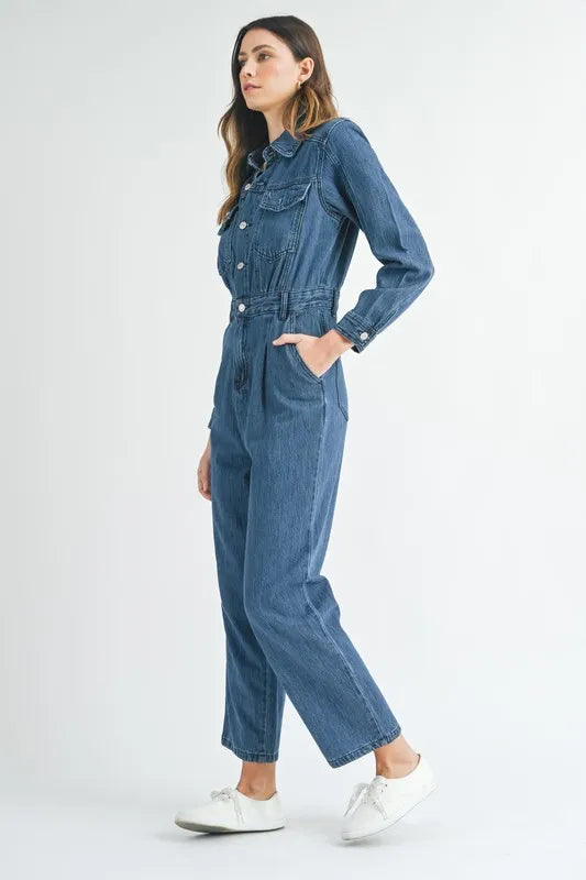 MABLE Cinched Waist Straight Leg Denim Jumpsuit Jumpsuits