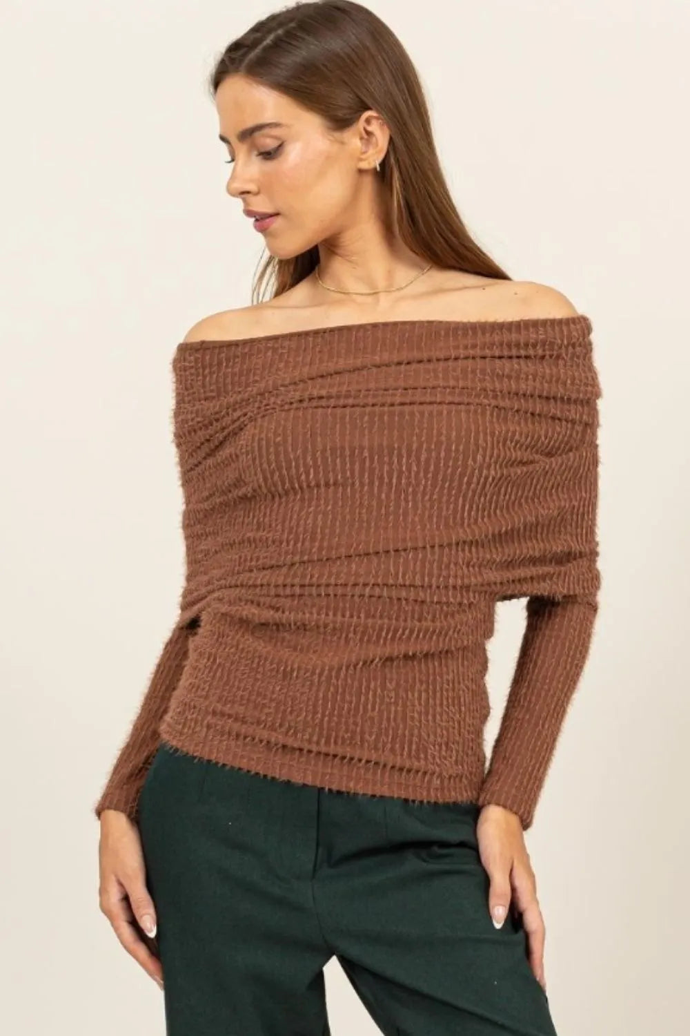 Brown HYFVE Fuzzy Off Shoulder Textured Knit Top | Knit Tops Daverri Fashions