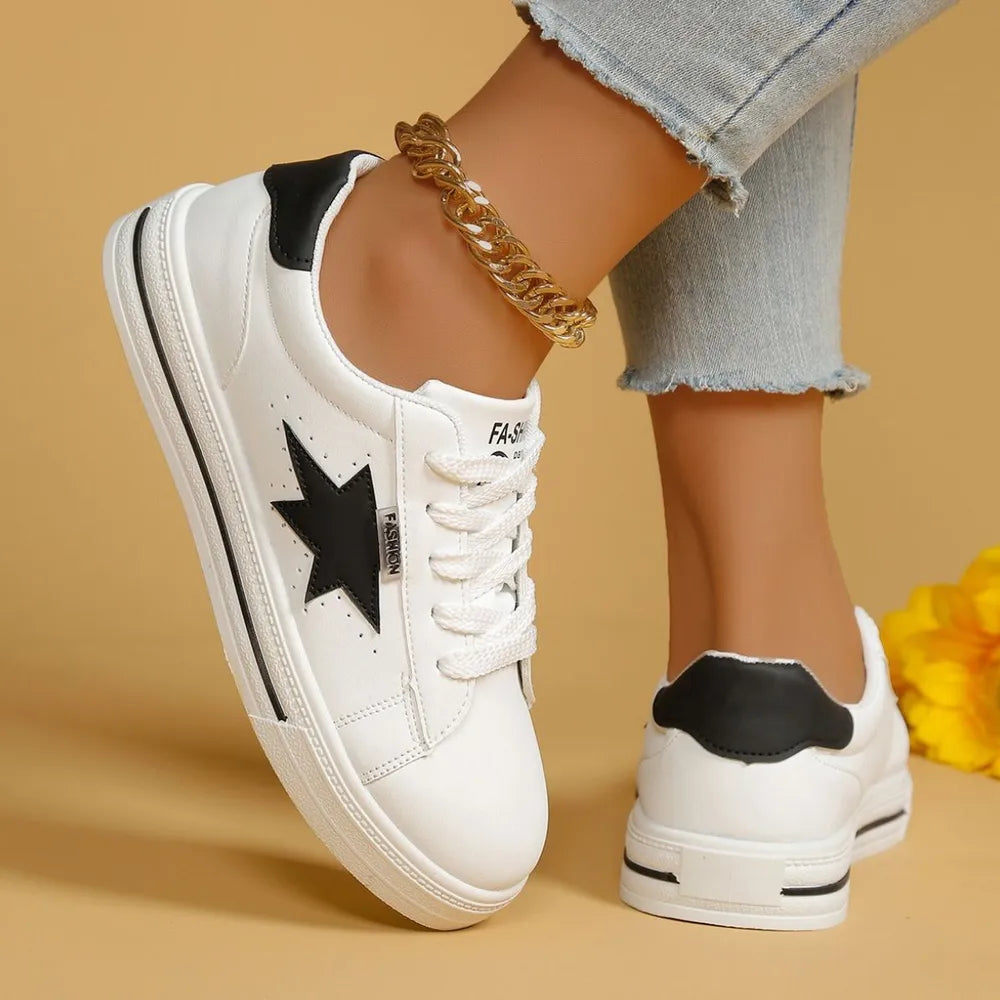 White Star Round Toe Lace Up Sneakers | Sneakers Daverri Fashions