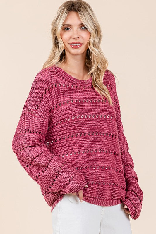 Mittoshop Openwork Round Neck Drop Shoulder Sweater Tops