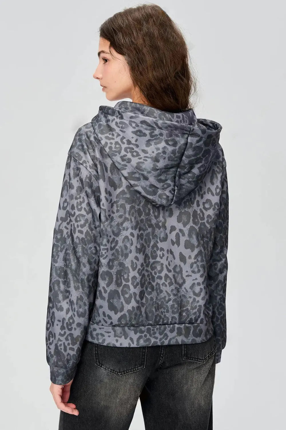 Pocketed Leopard Zip Up Hooded Jacket | Jackets Daverri Fashions