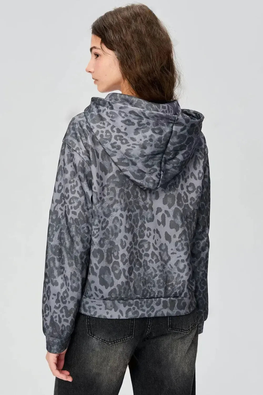Pocketed Leopard Zip Up Hooded Jacket - DAVERRI FASHIONS
