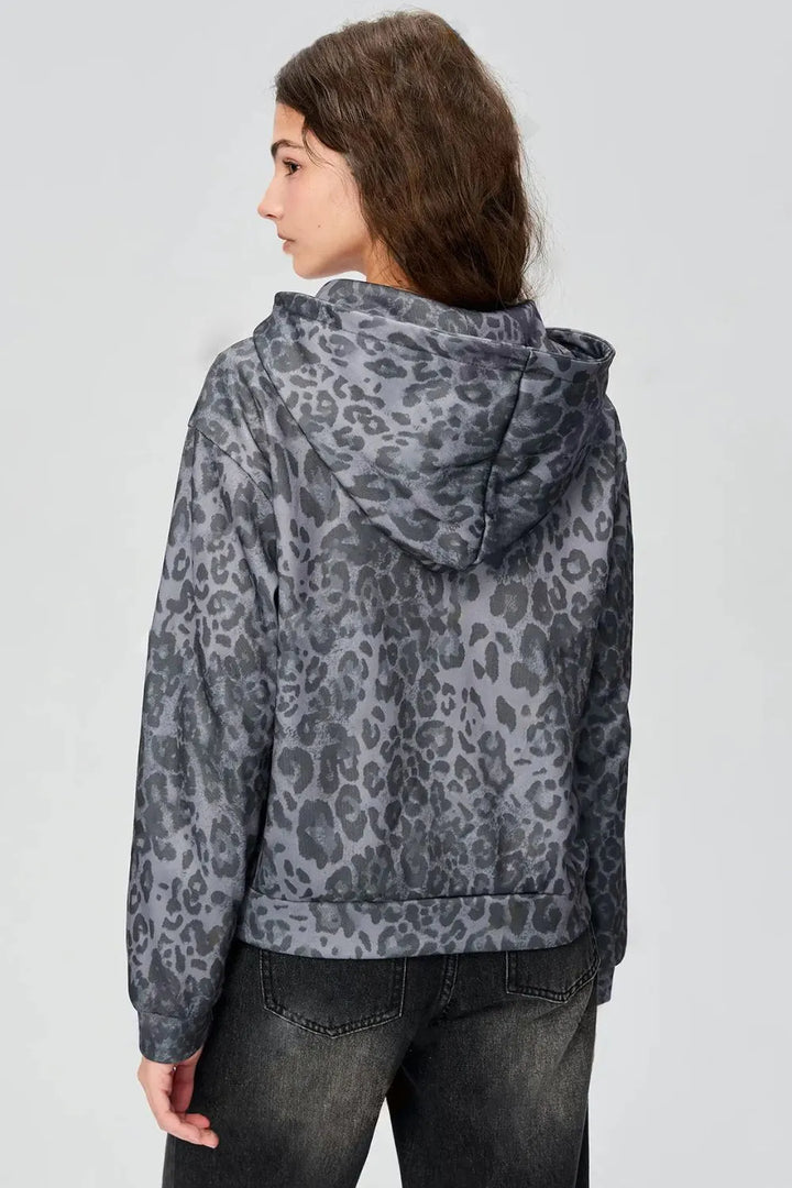 Pocketed Leopard Zip Up Hooded Jacket | Jackets Daverri Fashions