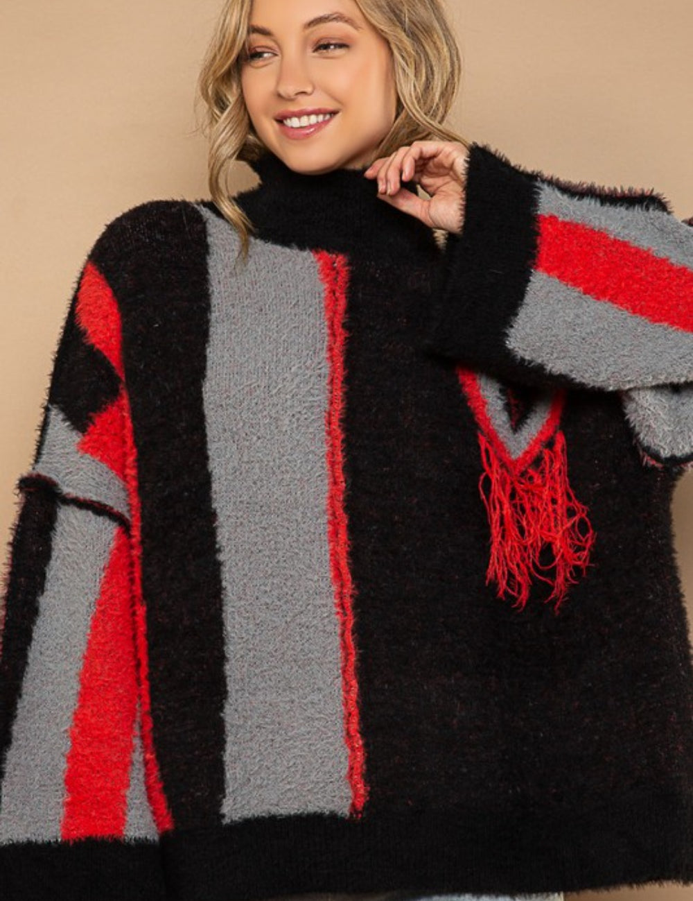 POL Turtleneck Color Block Fringe Detail Sweater Black Red Multi