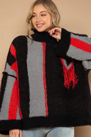 POL Turtleneck Color Block Fringe Detail Sweater Black Red Multi