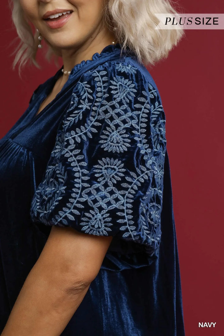Umgee Velvet Embroidered Sleeve Blouse | Blouses Daverri Fashions