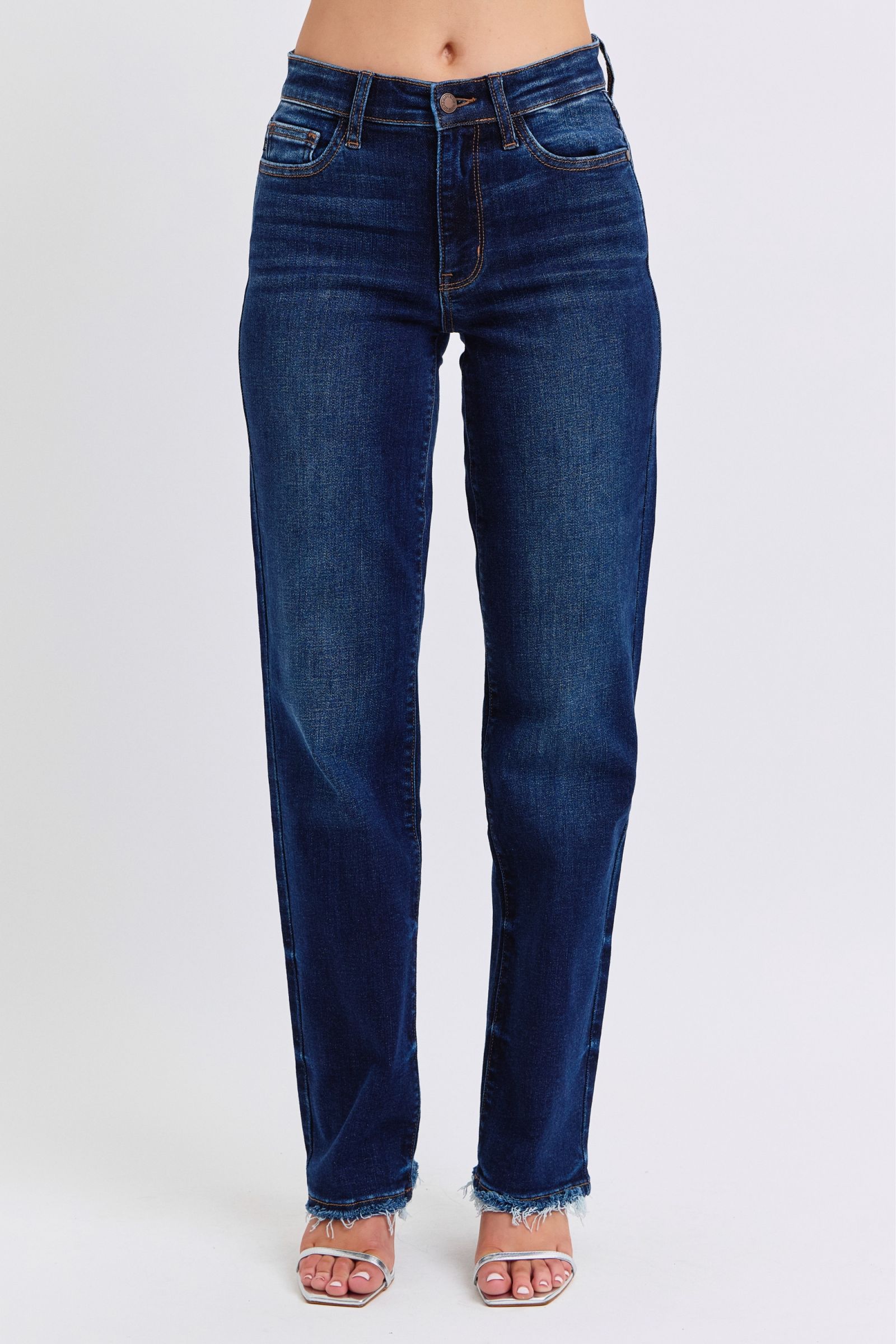 Judy Blue Full Size Raw Hem Straight Leg Jeans Dark Jeans