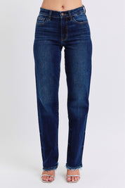 Dark Judy Blue Full Size Raw Hem Straight Leg Jeans | Jeans Daverri Fashions