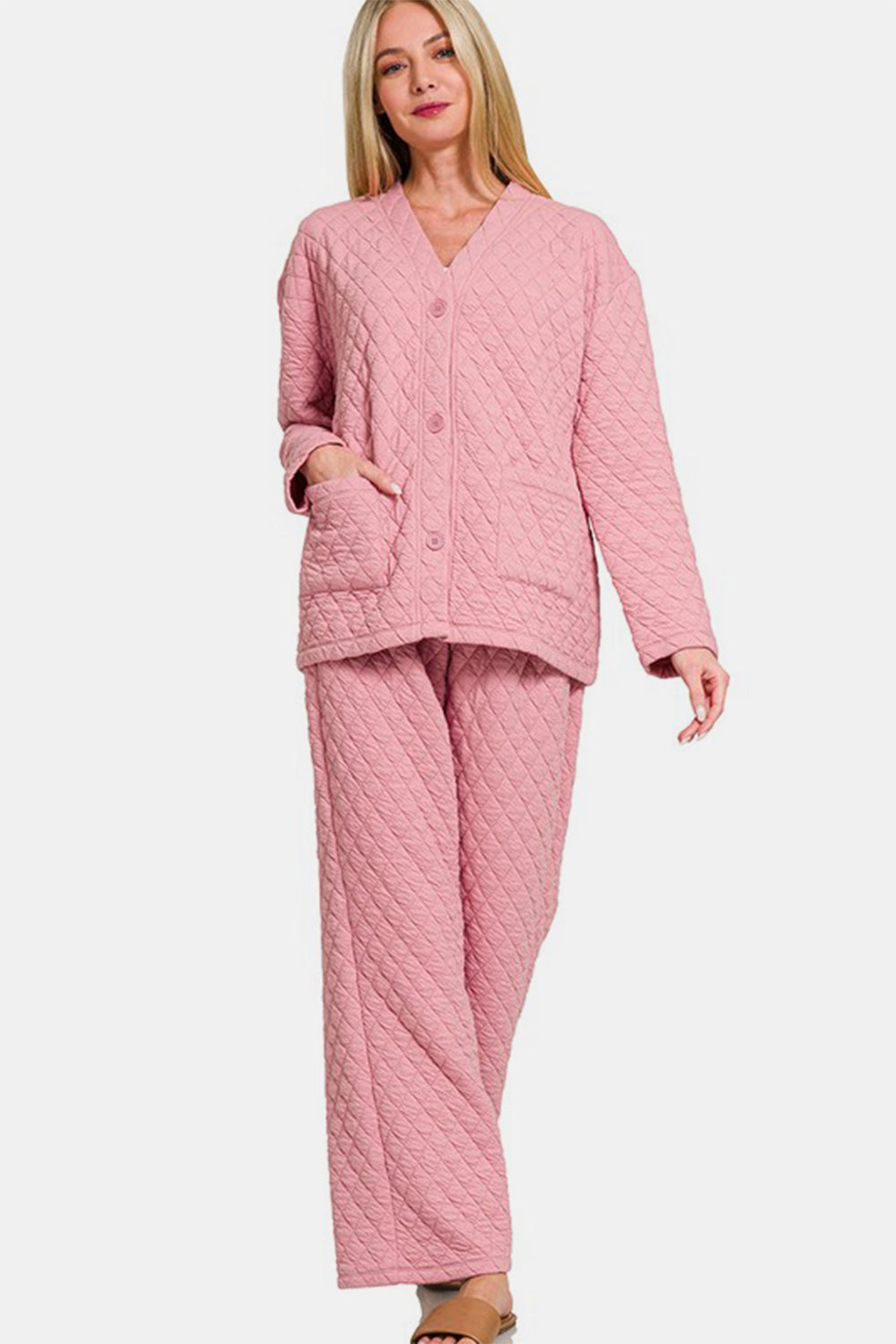 Quilted Button Up Long Sleeve Top and Pants Lounge Set Pink | Loungewear Sets Daverri Fashions