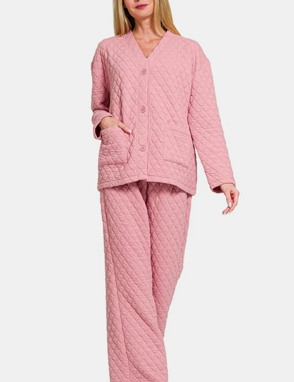 Dusty Pink Quilted Button Up Long Sleeve Top and Pants Lounge Set Pink | Loungewear Sets Daverri Fashions