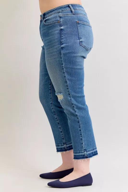 Judy Blue Full Size Mid Rise Bf Patch & Repair Destroy Release Hem Jeans Plus Size | Jeans Daverri Fashions