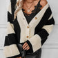 Waffle-Knit V-Neck Striped Long Sleeve Cardigan - DAVERRI FASHIONS