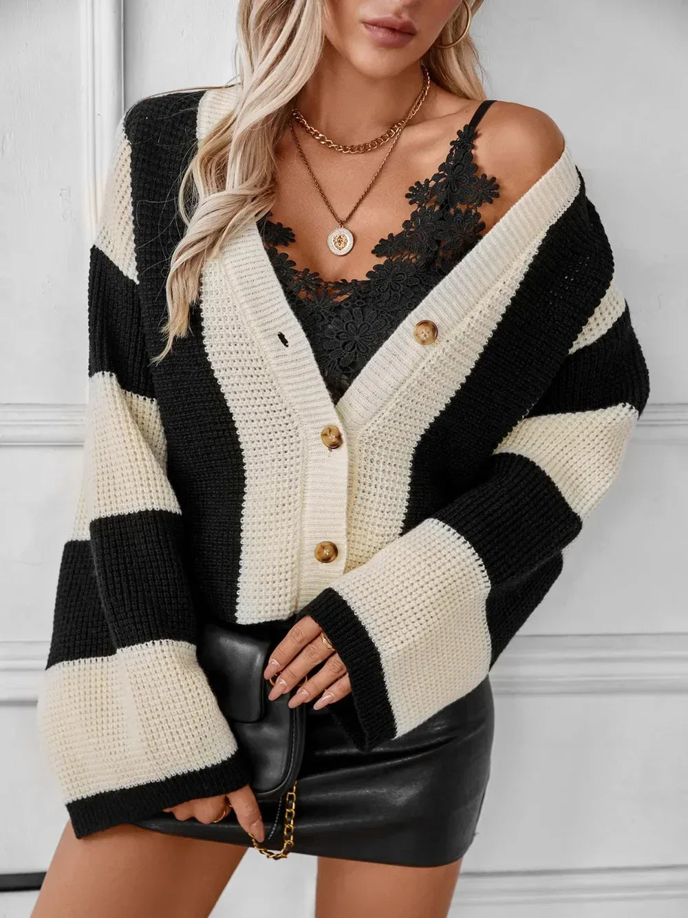 Waffle-Knit V-Neck Striped Long Sleeve Cardigan - DAVERRI FASHIONS