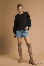 Umgee Full Size Linen Long Sleeve Top with Drawstring Plus Size | Blouses Daverri Fashions
