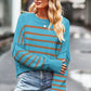 Striped Round Neck Drop Shoulder Slit Sweater - DAVERRI FASHIONS
