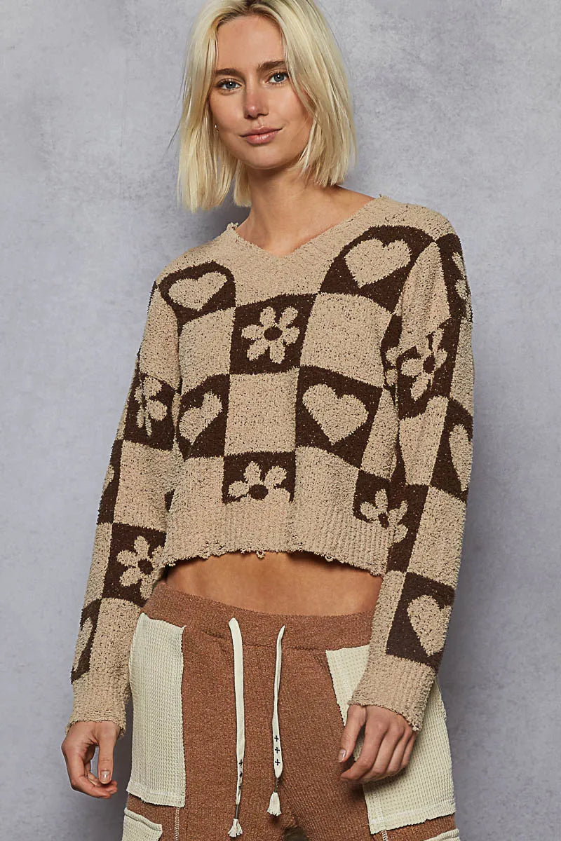 MOCHA BROWN M POL V-Neck Heart Pattern Checkered Sweater | Sweaters Daverri Fashions