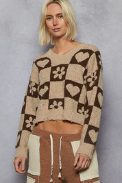 MOCHA BROWN M POL V-Neck Heart Pattern Checkered Sweater | Sweaters Daverri Fashions