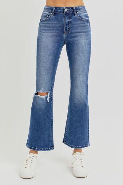 RISEN Full Size Distressed High Rise Crop Flare Jeans - DAVERRI FASHIONS
