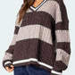 Striped Cable Knit V-Neck Sweater - DAVERRI FASHIONS
