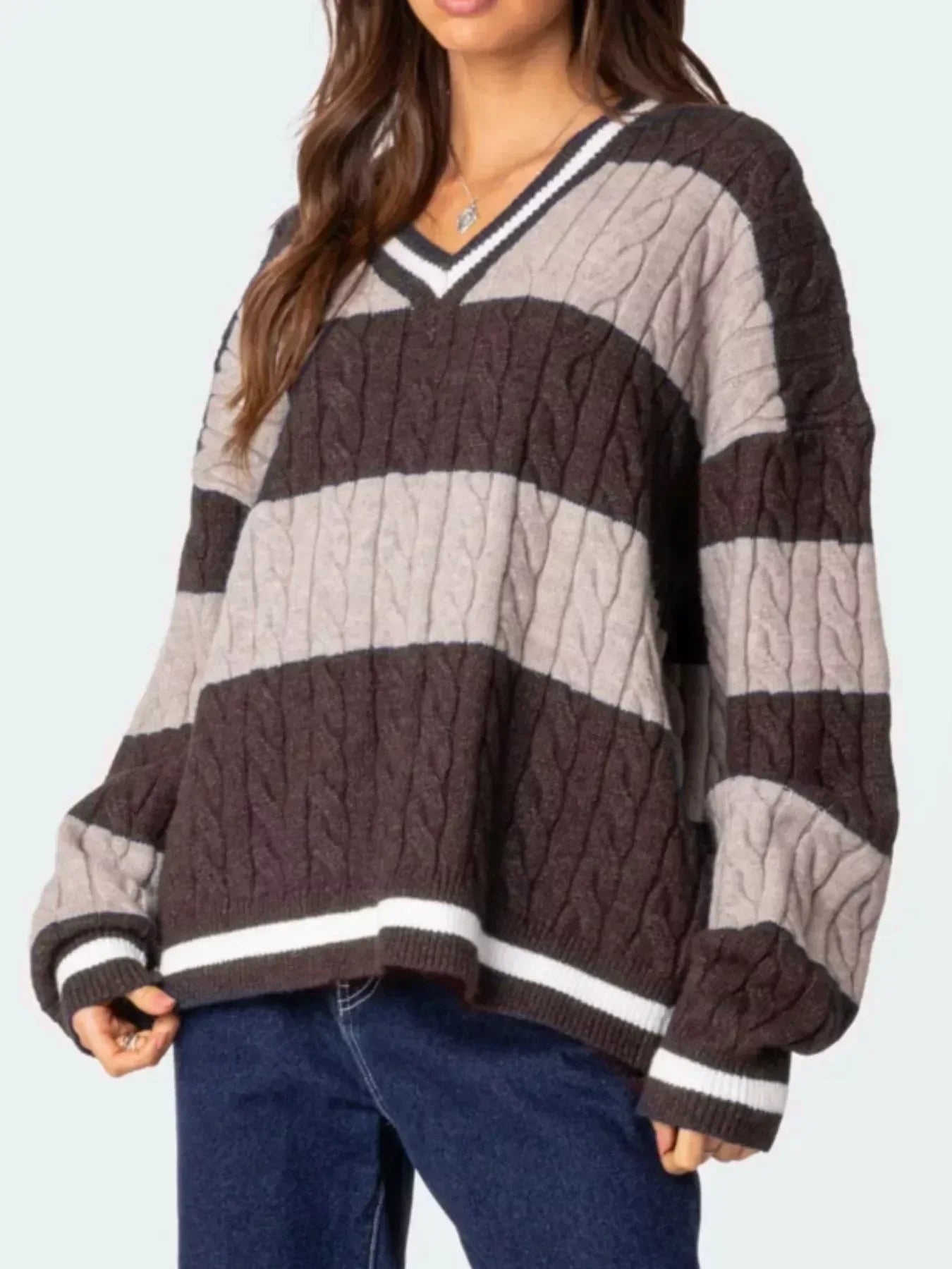 Striped Cable Knit V-Neck Sweater - DAVERRI FASHIONS