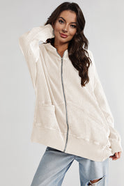 Beige Zip-Up Long Sleeve Jacket | Jackets Daverri Fashions