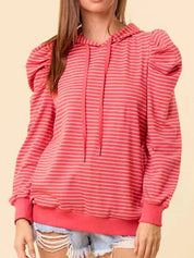 Coral striped hoodie with puffed sleeves and drawstring hood