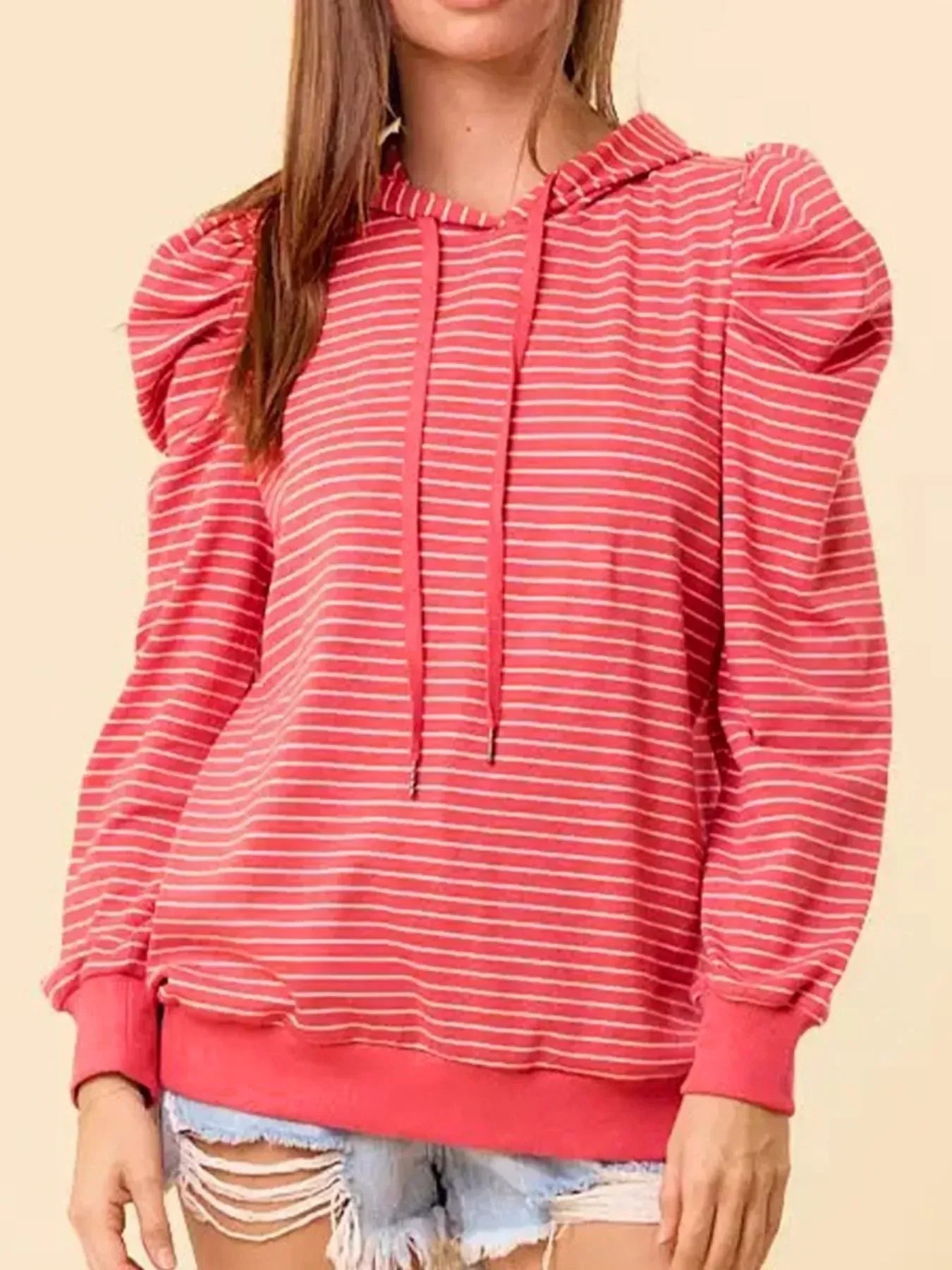 Striped Puff Sleeve Hoodie with Drawstring - DAVERRI FASHIONS
