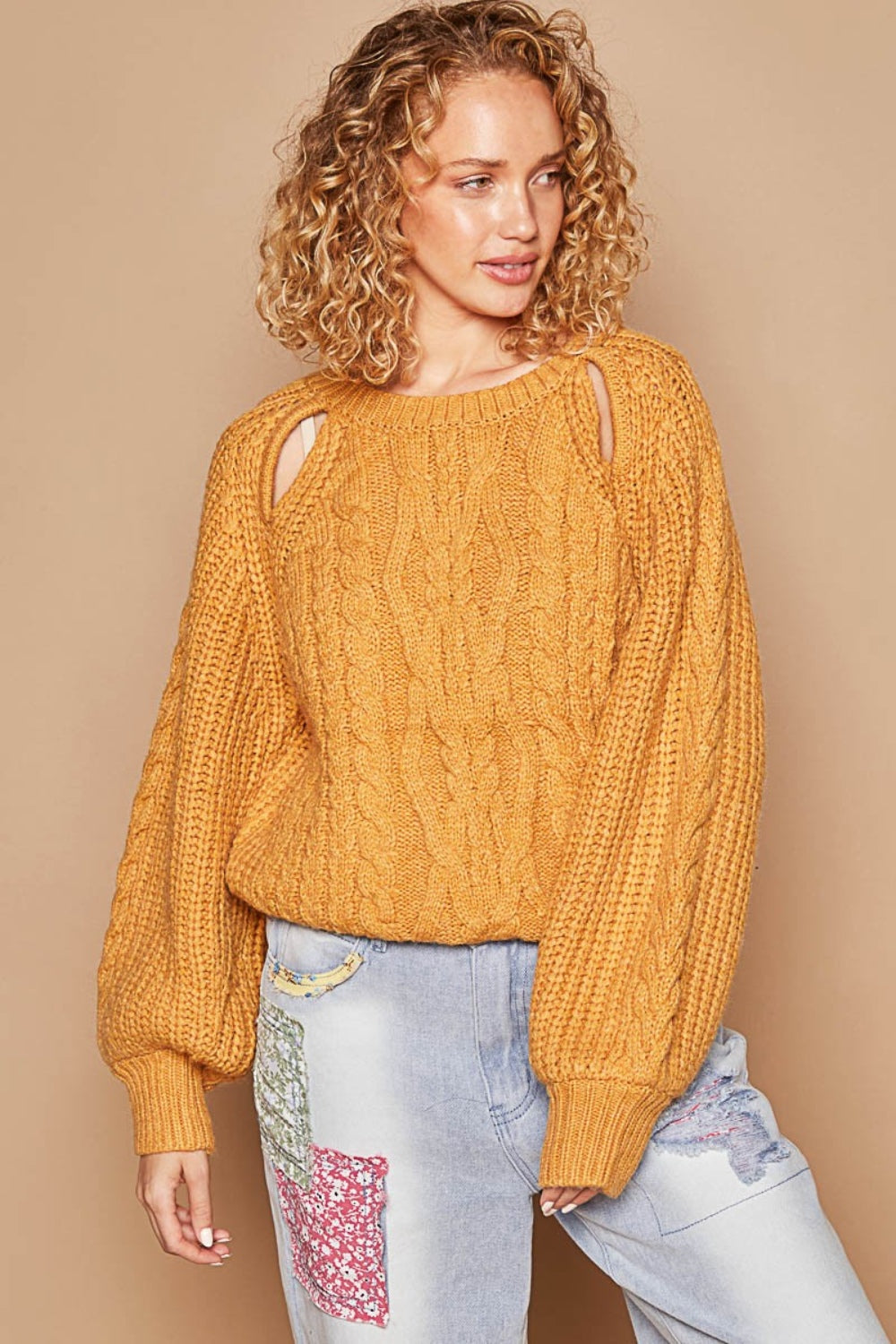 Cable Knit Cutout Long Sleeve Sweater Honey Mustard Tops