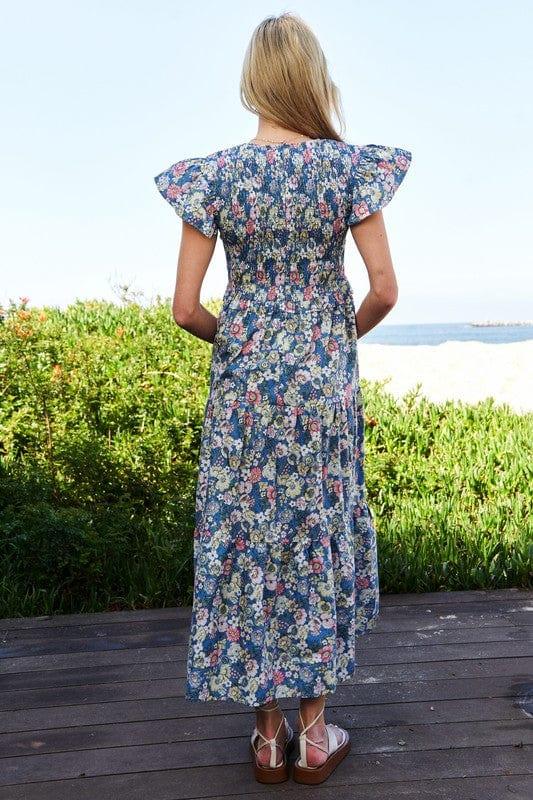 Vintage Garden Floral Flutter Smocking Midi Dress Midi Dresses