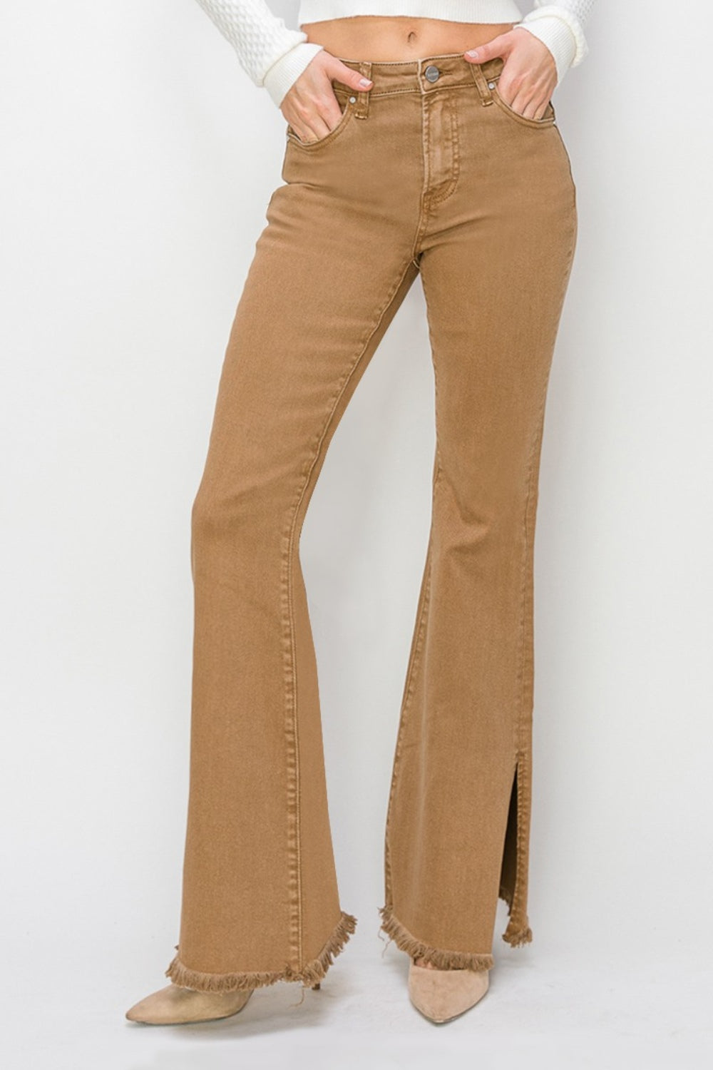 High Waist Side Slit Flare Jeans Brown Bottoms