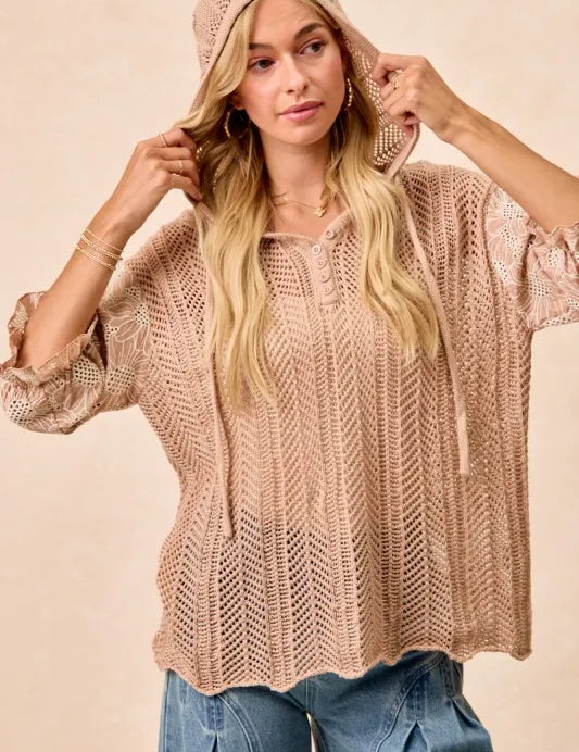 BiBi Jacquard Flower Puff Sleeve Hooded Knit Top | Tops Daverri Fashions