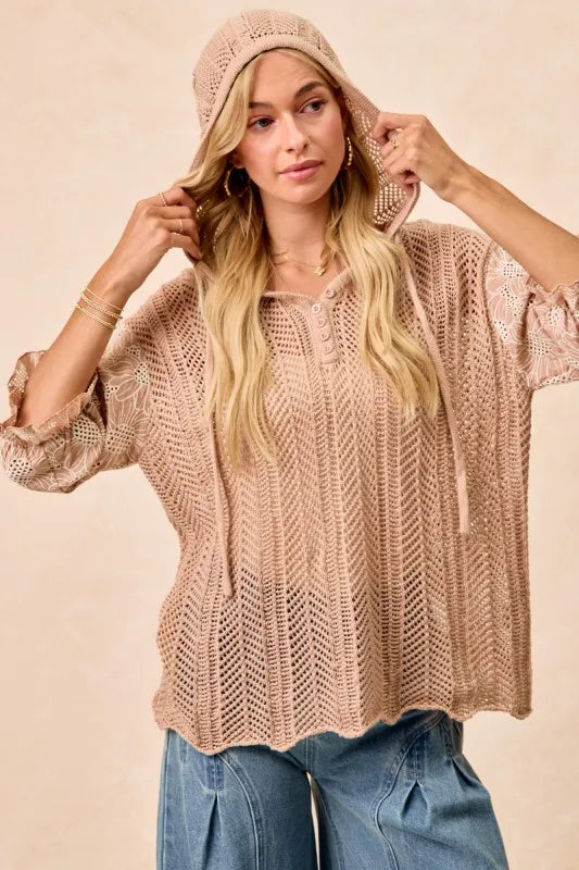 BiBi Jacquard Flower Puff Sleeve Hooded Knit Top Tops