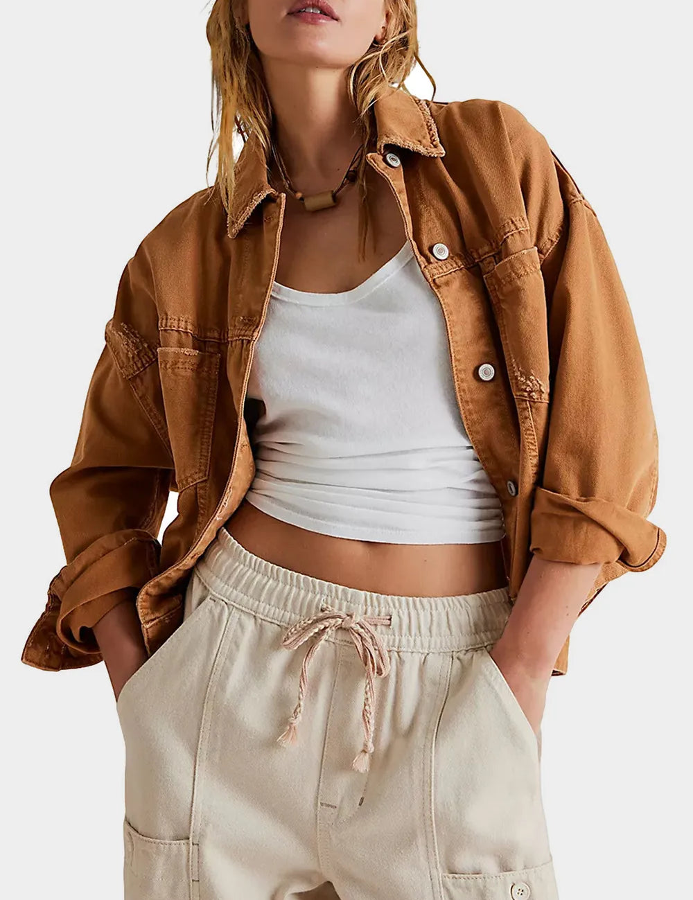 Caramel Button Up Drop Shoulder Denim Jacket | Denim Jackets Daverri Fashions