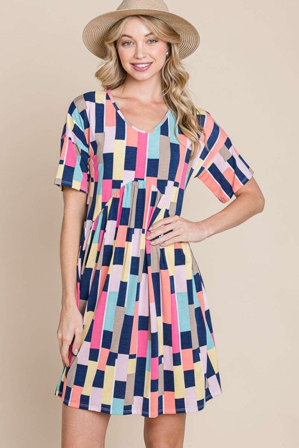 Ruched Color Block Short Sleeve Mini Dress Multicolor Mini Dresses