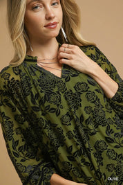 Umgee Full Size Floral Velvet Blouse with Balloon Sleeves Plus Size | Blouses Daverri Fashions