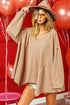 Cozy camel waffle-knit oversized BiBi V-neck sweater with uneven hem