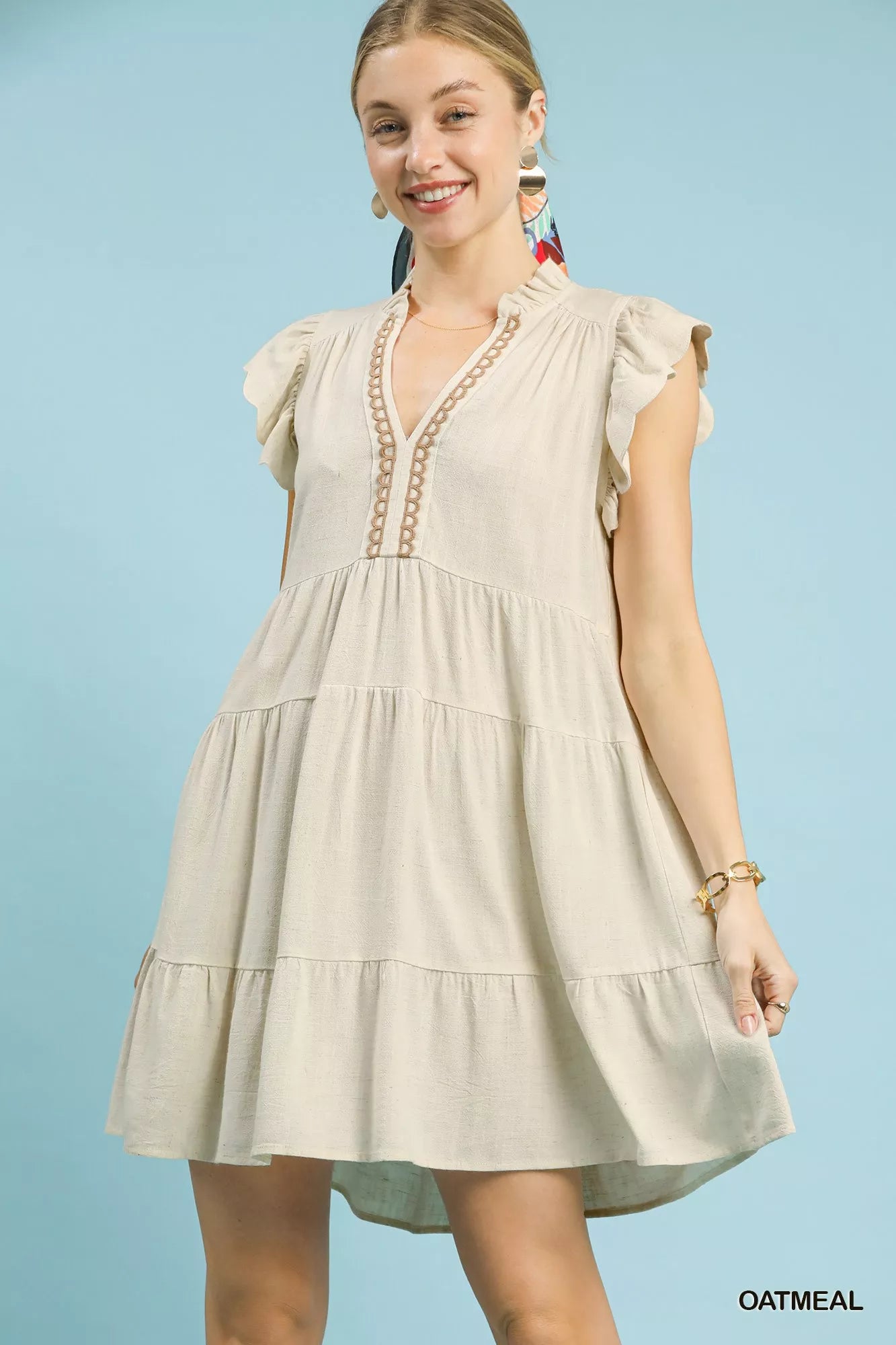 Umgee oatmeal linen tiered baby doll dress with ruffles and beading