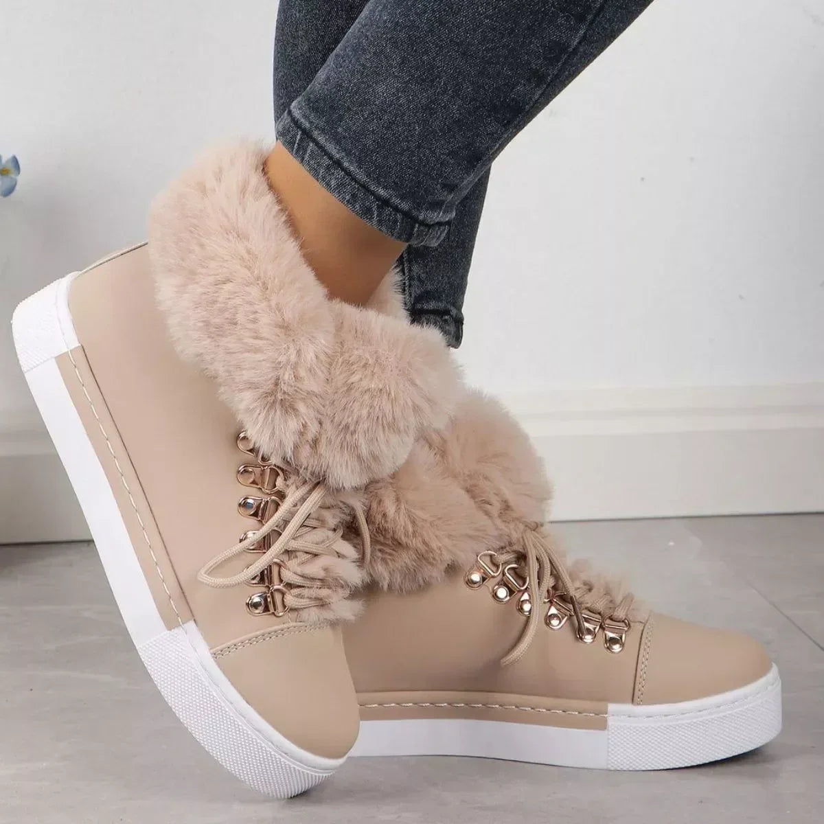 Fuzzy Trim Lace-Up Ankle Boots - DAVERRI FASHIONS